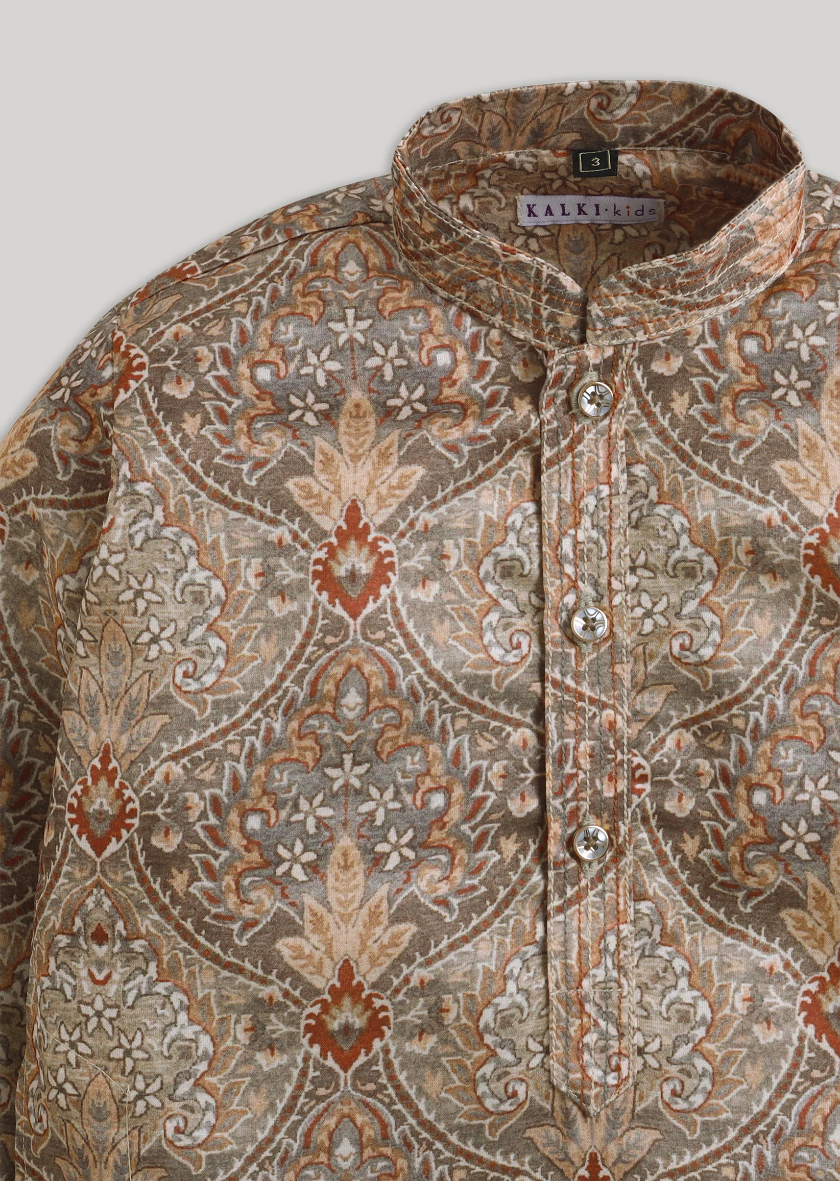 Brown Floral Kids Kurta Set