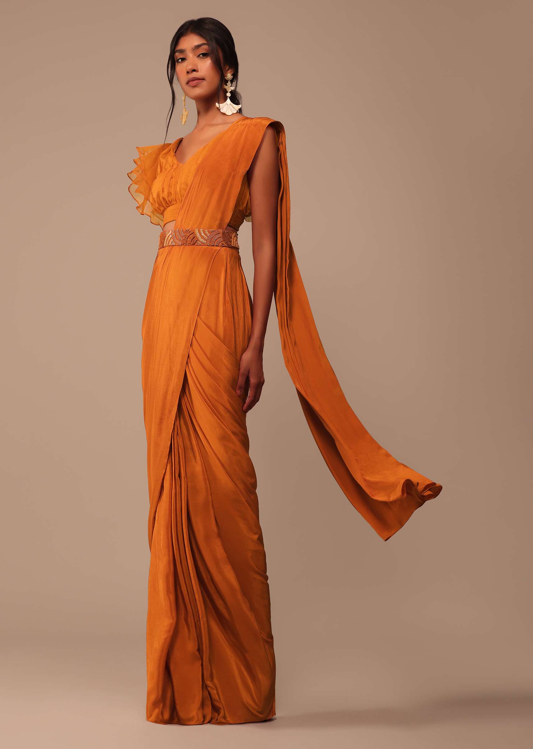 3280-rust-orange-saree-with-fancy-ruffle-blouse-and-embroidered-belt-1.jpg Rust Orange Saree With Fancy Ruffle Blouse And Embroidered Belt