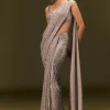 Champagne Gold Sequin Embroidered Readymade Saree With Cowl Neck Blouse
