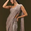 Champagne Gold Sequin Embroidered Readymade Saree With Cowl Neck Blouse
