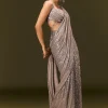 Champagne Gold Sequin Embroidered Readymade Saree With Cowl Neck Blouse