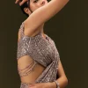 Champagne Gold Sequin Embroidered Readymade Saree With Cowl Neck Blouse