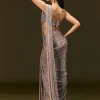 Champagne Gold Sequin Embroidered Readymade Saree With Cowl Neck Blouse