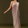 Brown Sequin Ready Pleated Saree With Stone Work