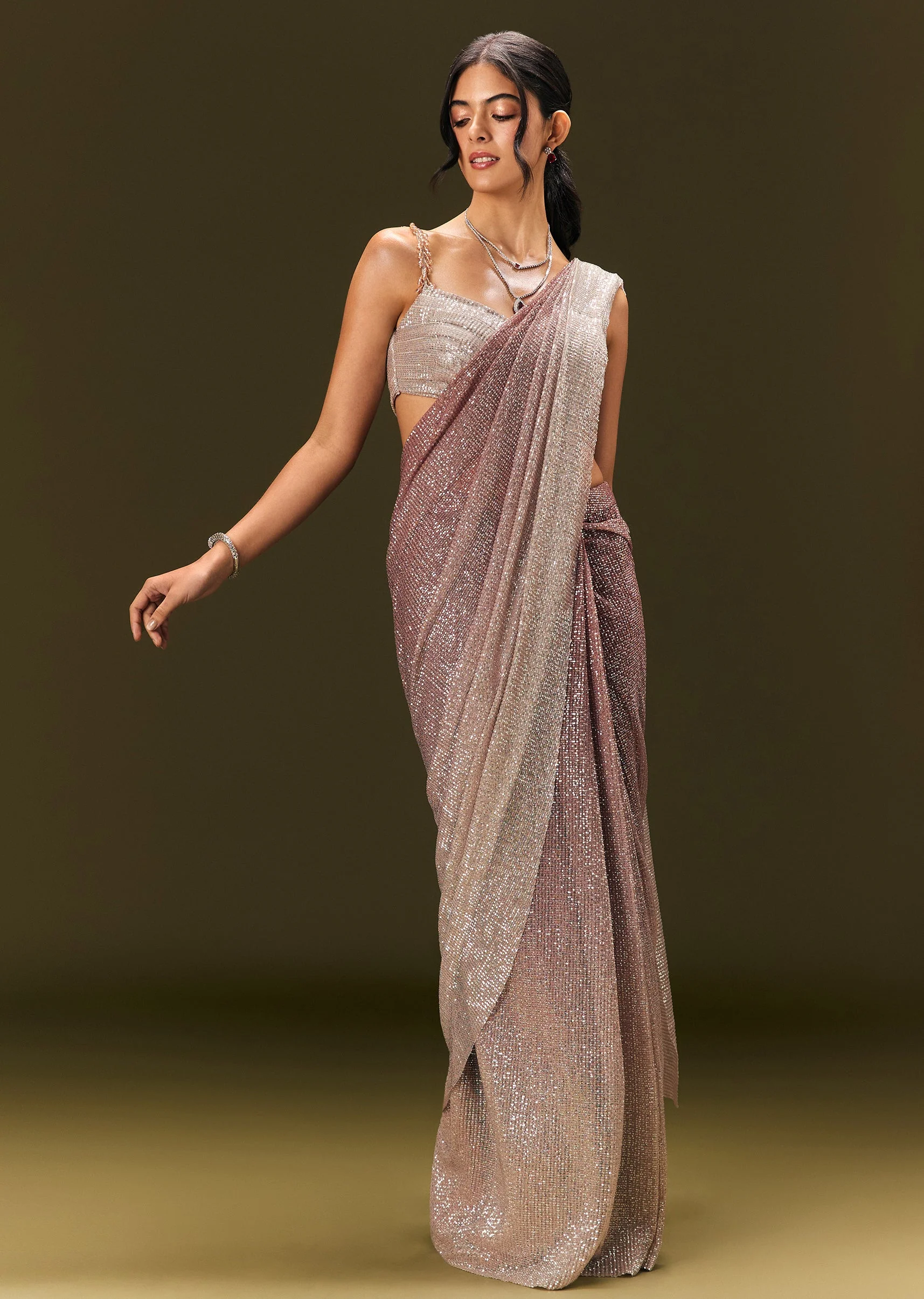 Brown Sequin Ready Pleated Saree With Stone Work