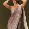 Brown Sequin Ready Pleated Saree With Stone Work