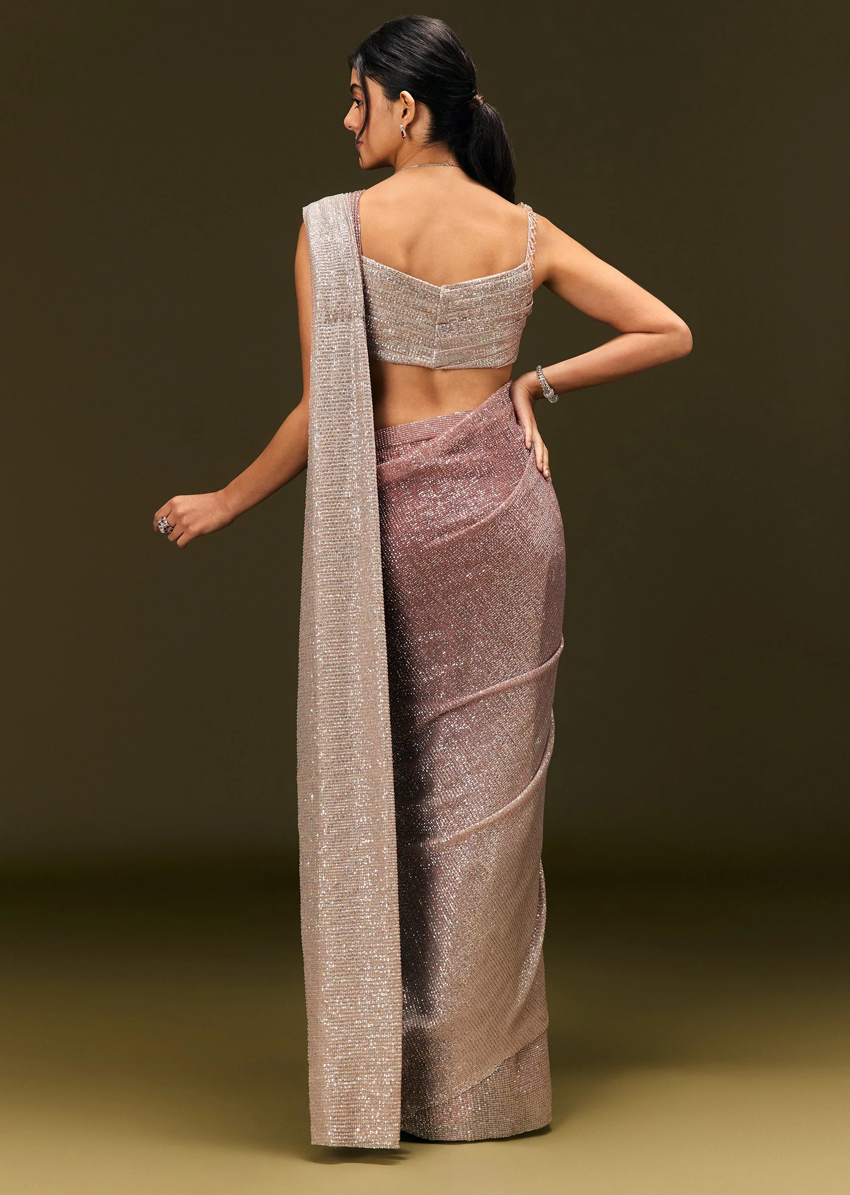 Brown Sequin Ready Pleated Saree With Stone Work