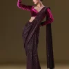Dark Maroon Pre Stitched Sequined Saree With Sweetheart Neck Blouse