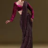 Dark Maroon Pre Stitched Sequined Saree With Sweetheart Neck Blouse