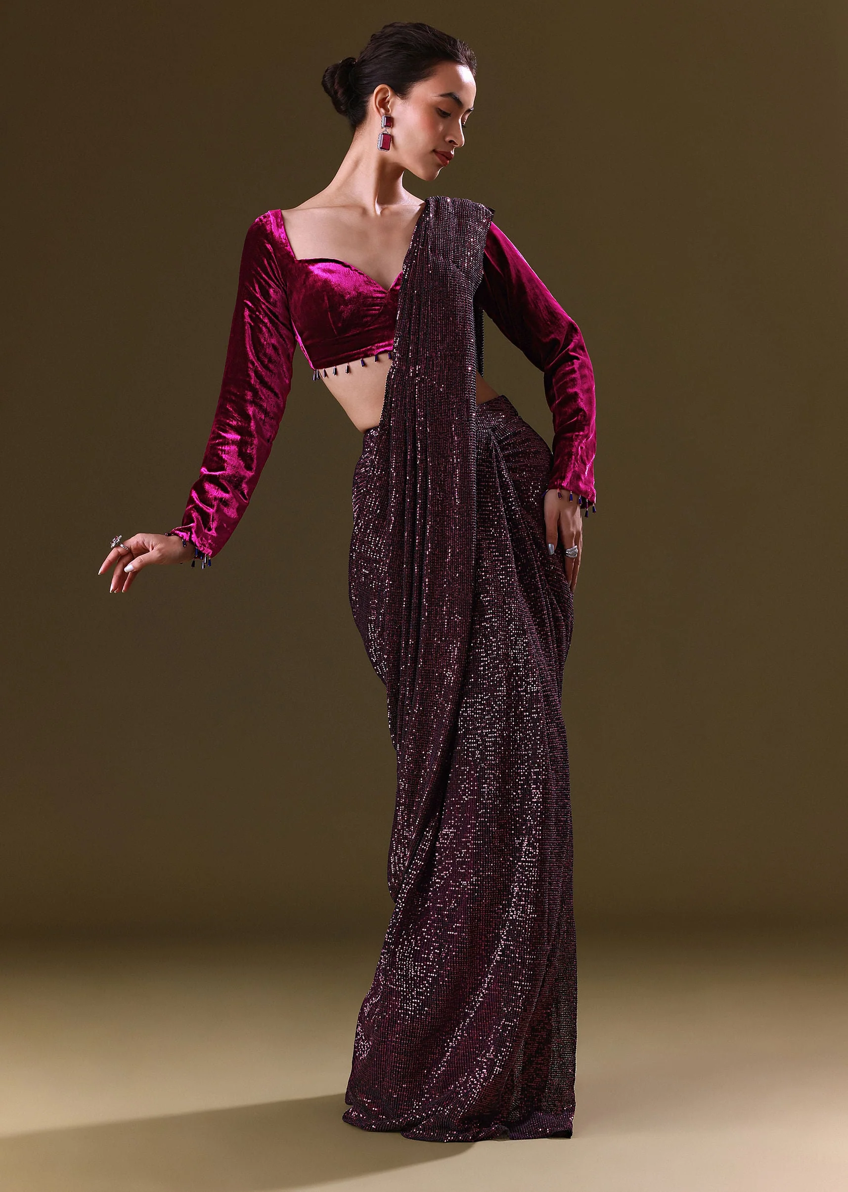 Dark Maroon Pre Stitched Sequined Saree With Sweetheart Neck Blouse