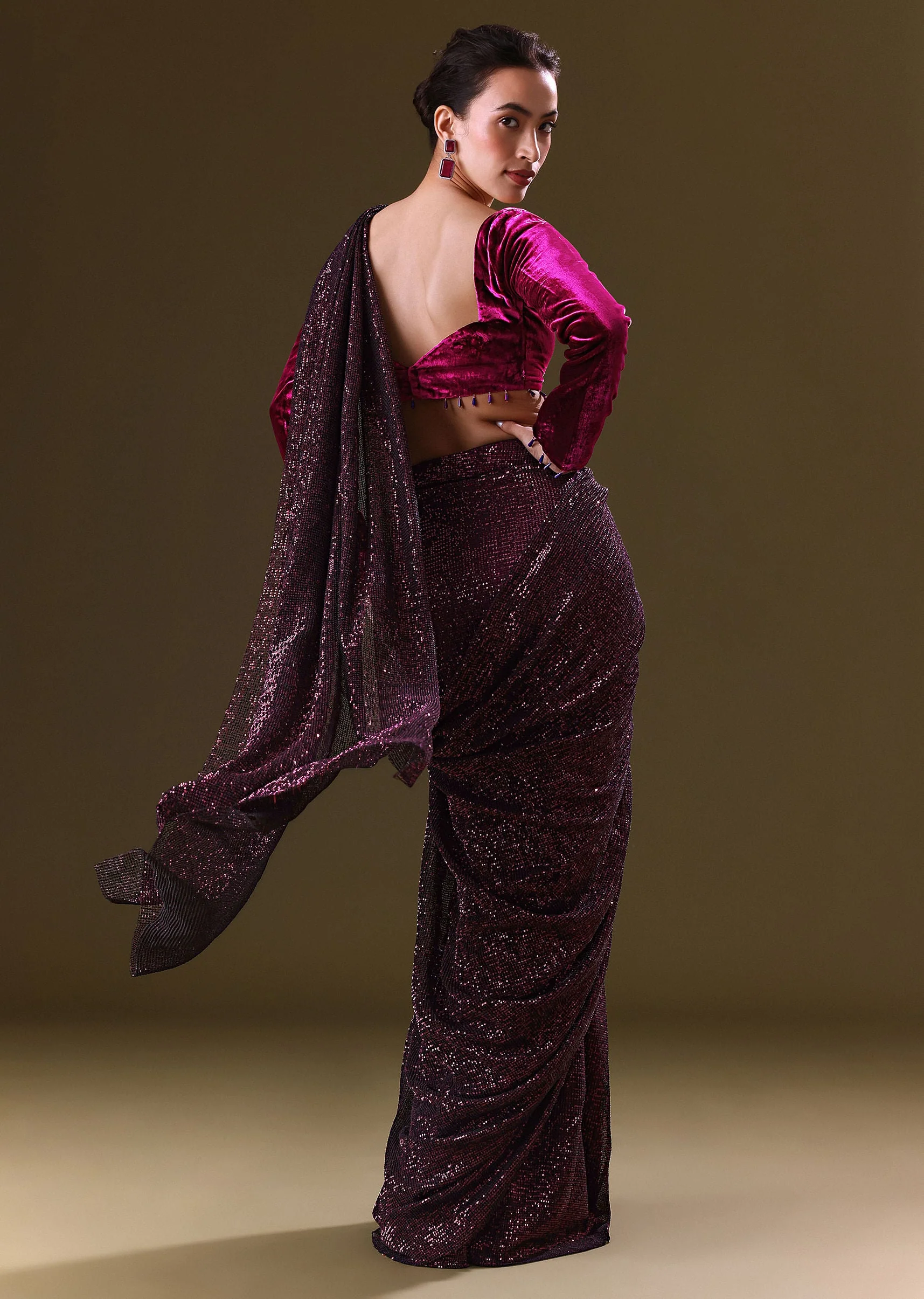 Dark Maroon Pre Stitched Sequined Saree With Sweetheart Neck Blouse