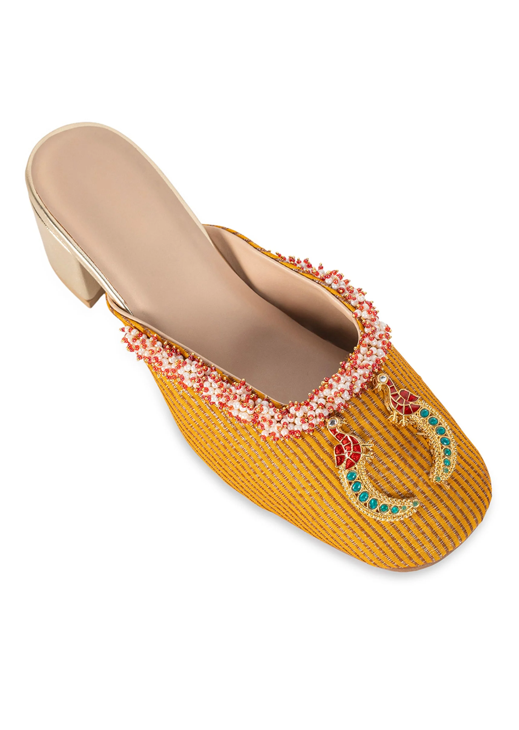 Yellow Embellished Heel Mules
