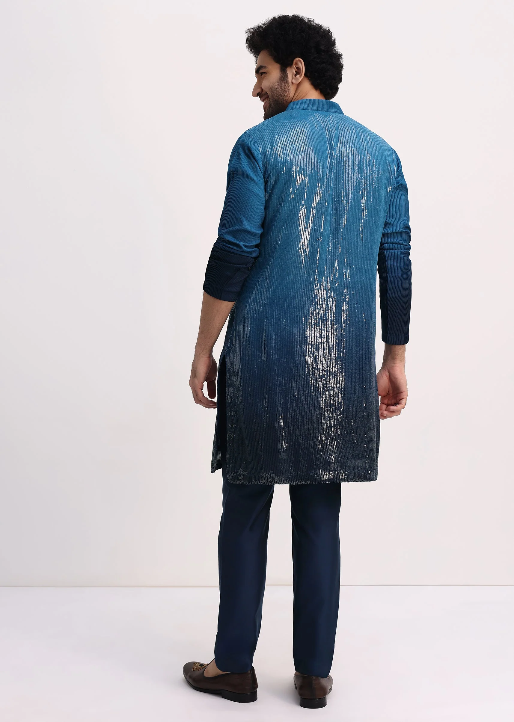 Blue Shaded Sequin Zipper Kurta With Navy Blue Pants