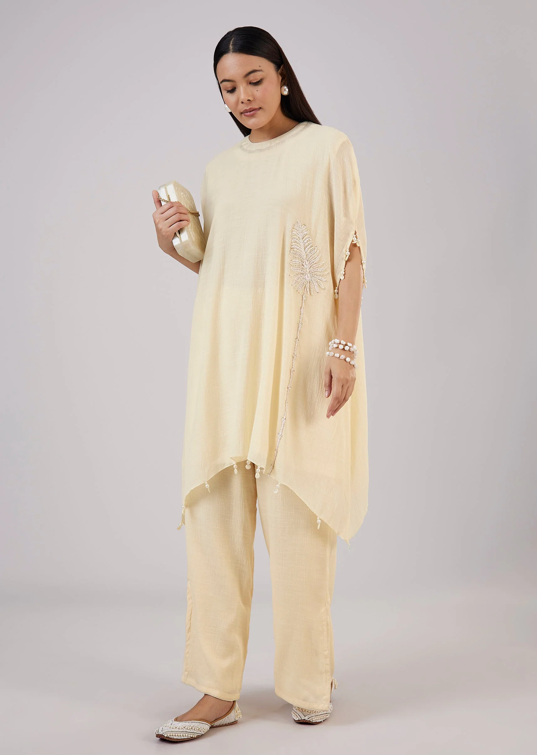 Ivory Cotton Indo Western Coord Set With Resham Work