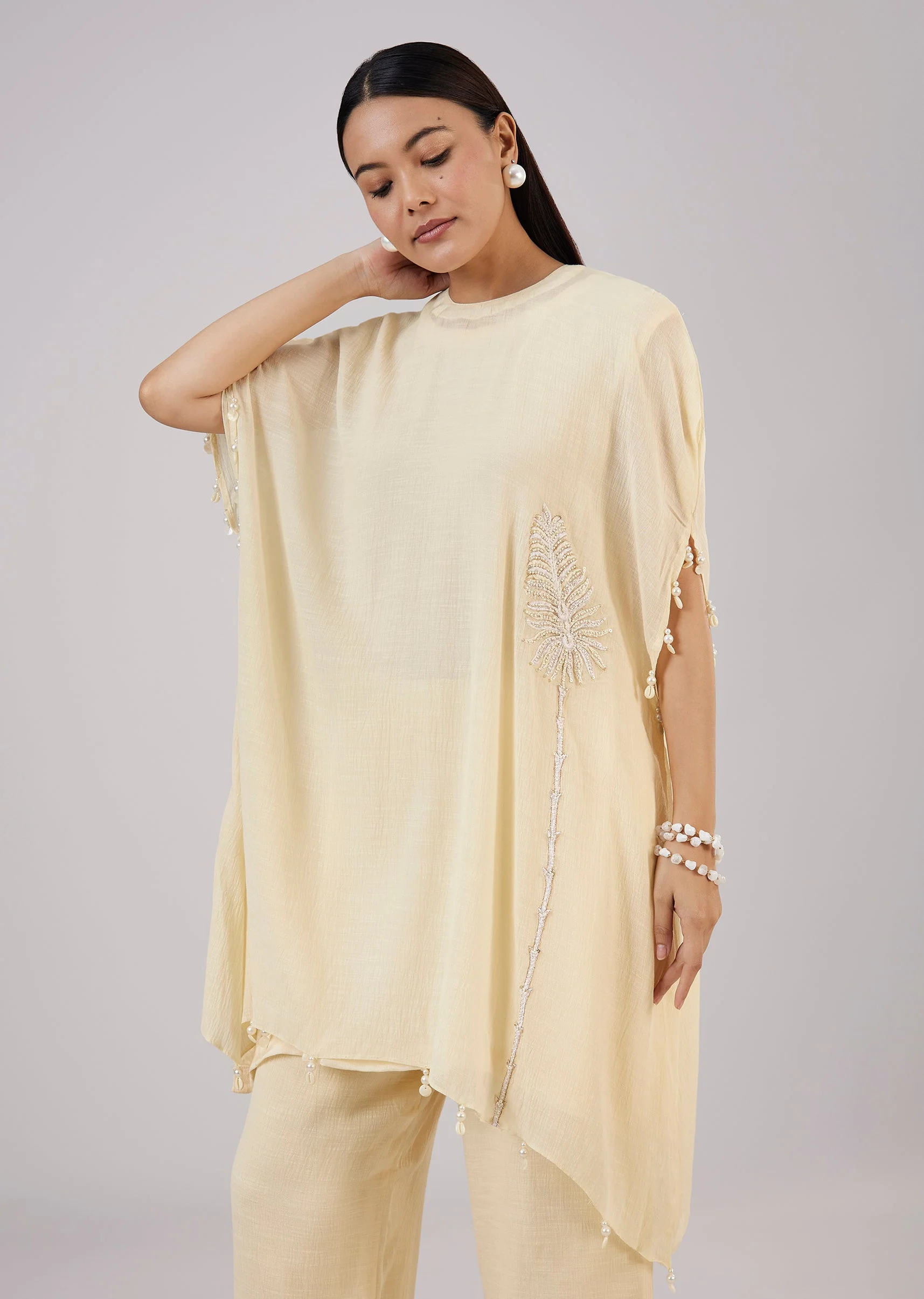Ivory Cotton Indo Western Coord Set With Resham Work