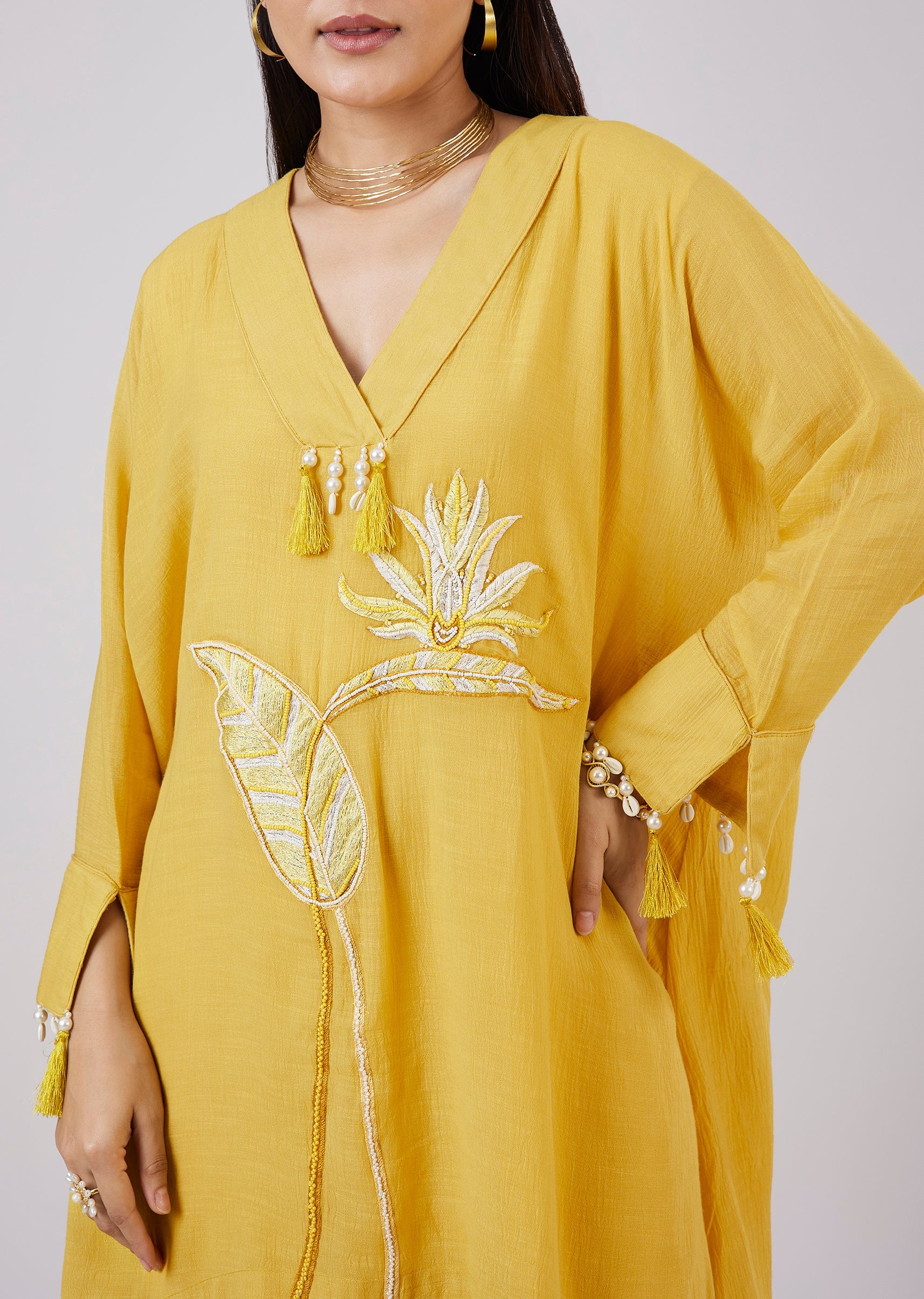 Yellow Cotton Indo Western Coord Set With Resham Work