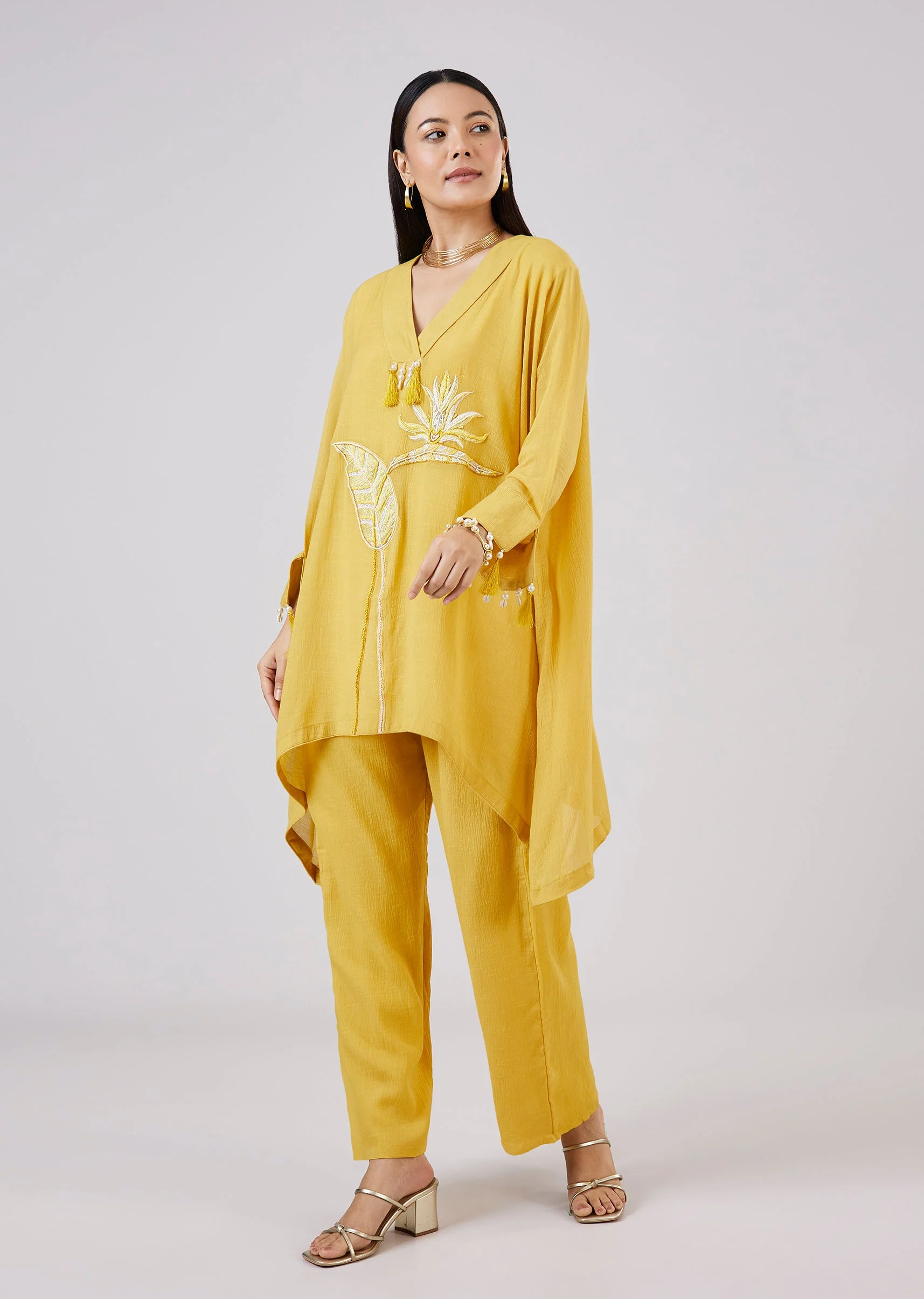 Yellow Cotton Indo Western Coord Set With Resham Work