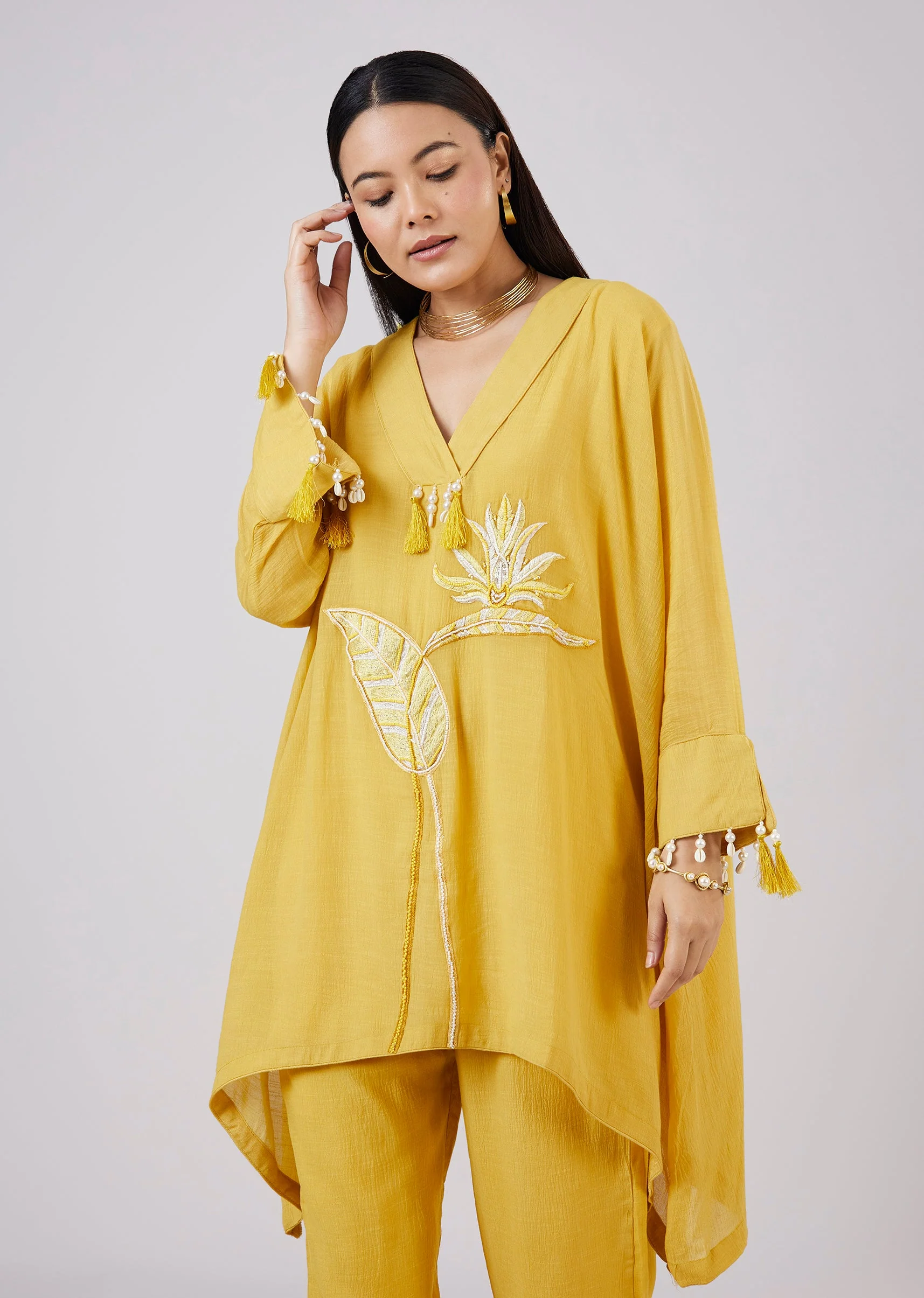 Yellow Cotton Indo Western Coord Set With Resham Work