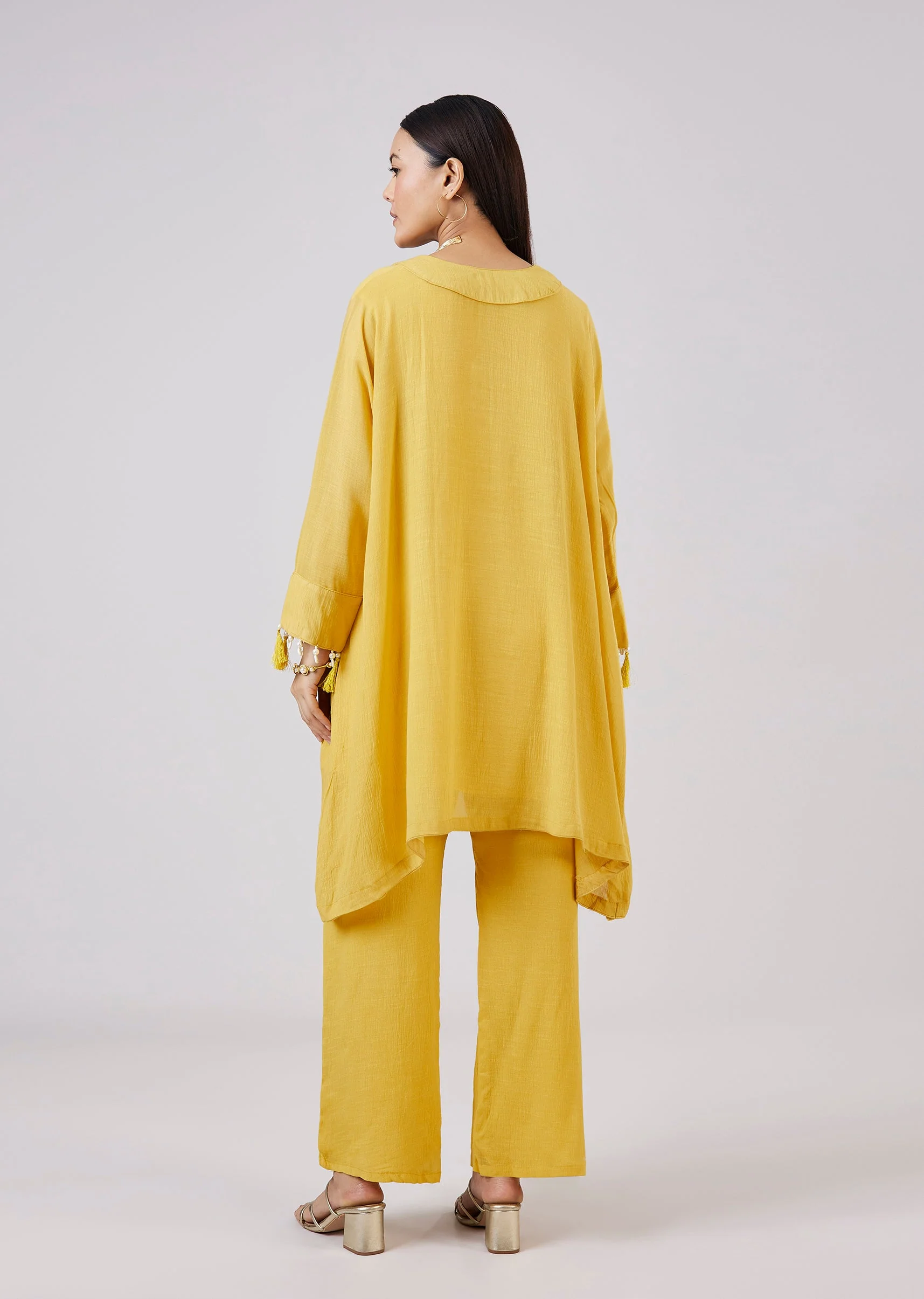 Yellow Cotton Indo Western Coord Set With Resham Work