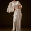 Off White Corset Gown With Sheer Waistline And Embroidered Cape