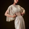 Off White Corset Gown With Sheer Waistline And Embroidered Cape