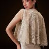 Off White Corset Gown With Sheer Waistline And Embroidered Cape