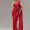 Red Ready Pleated Indo Western Shimmer Saree With Cowl Neckline Blouse