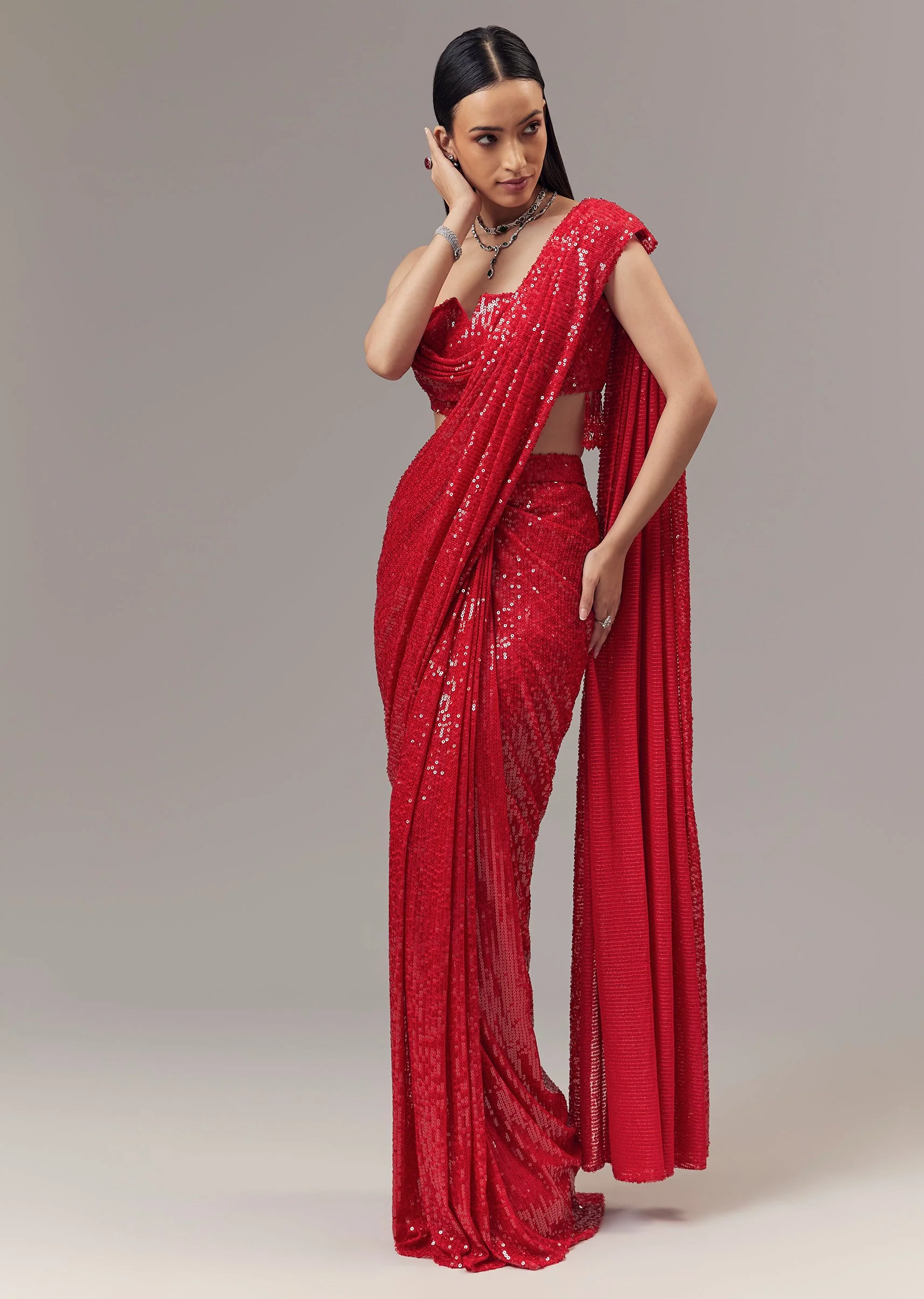 3434-red-ready-pleated-indo-western-shimmer-saree-with-cowl-neckline-blouse-1.webp Red Ready Pleated Indo Western Shimmer Saree With Cowl Neckline Blouse