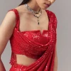 Red Ready Pleated Indo Western Shimmer Saree With Cowl Neckline Blouse