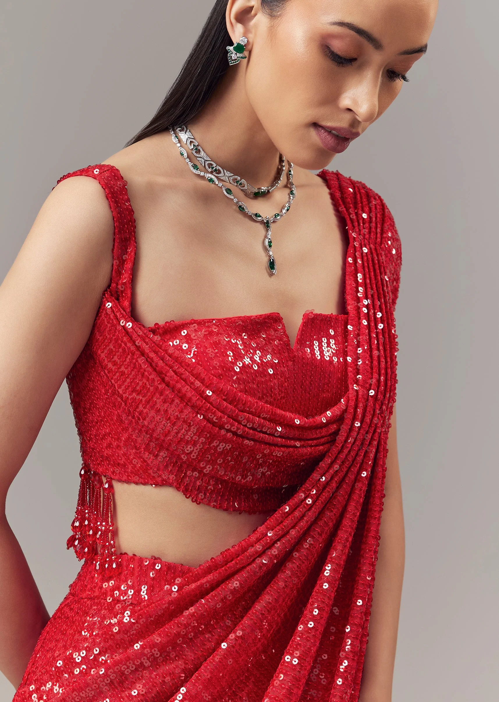 Red Ready Pleated Indo Western Shimmer Saree With Cowl Neckline Blouse