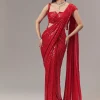Red Ready Pleated Indo Western Shimmer Saree With Cowl Neckline Blouse