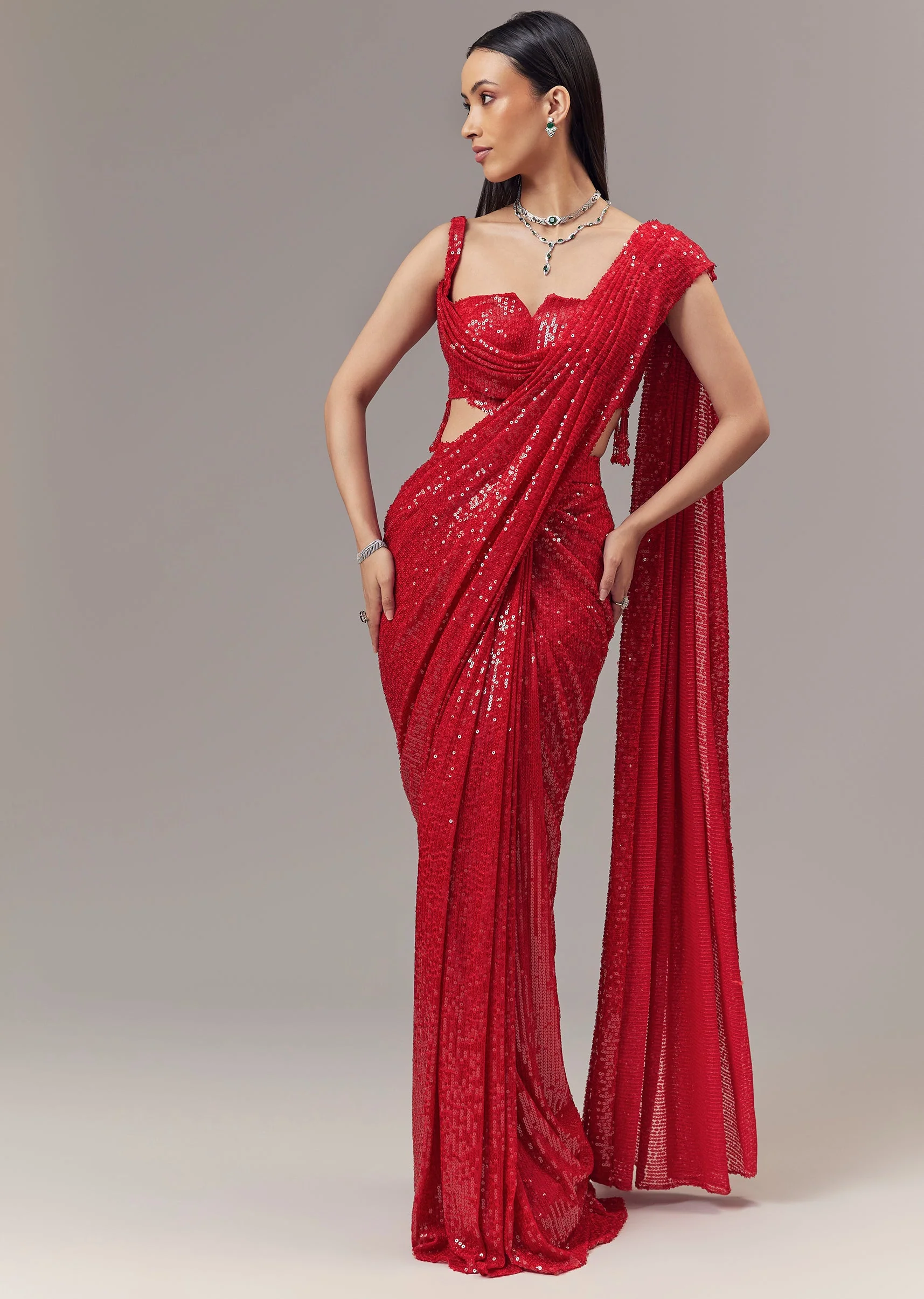 Red Ready Pleated Indo Western Shimmer Saree With Cowl Neckline Blouse