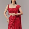 Red Ready Pleated Indo Western Shimmer Saree With Cowl Neckline Blouse