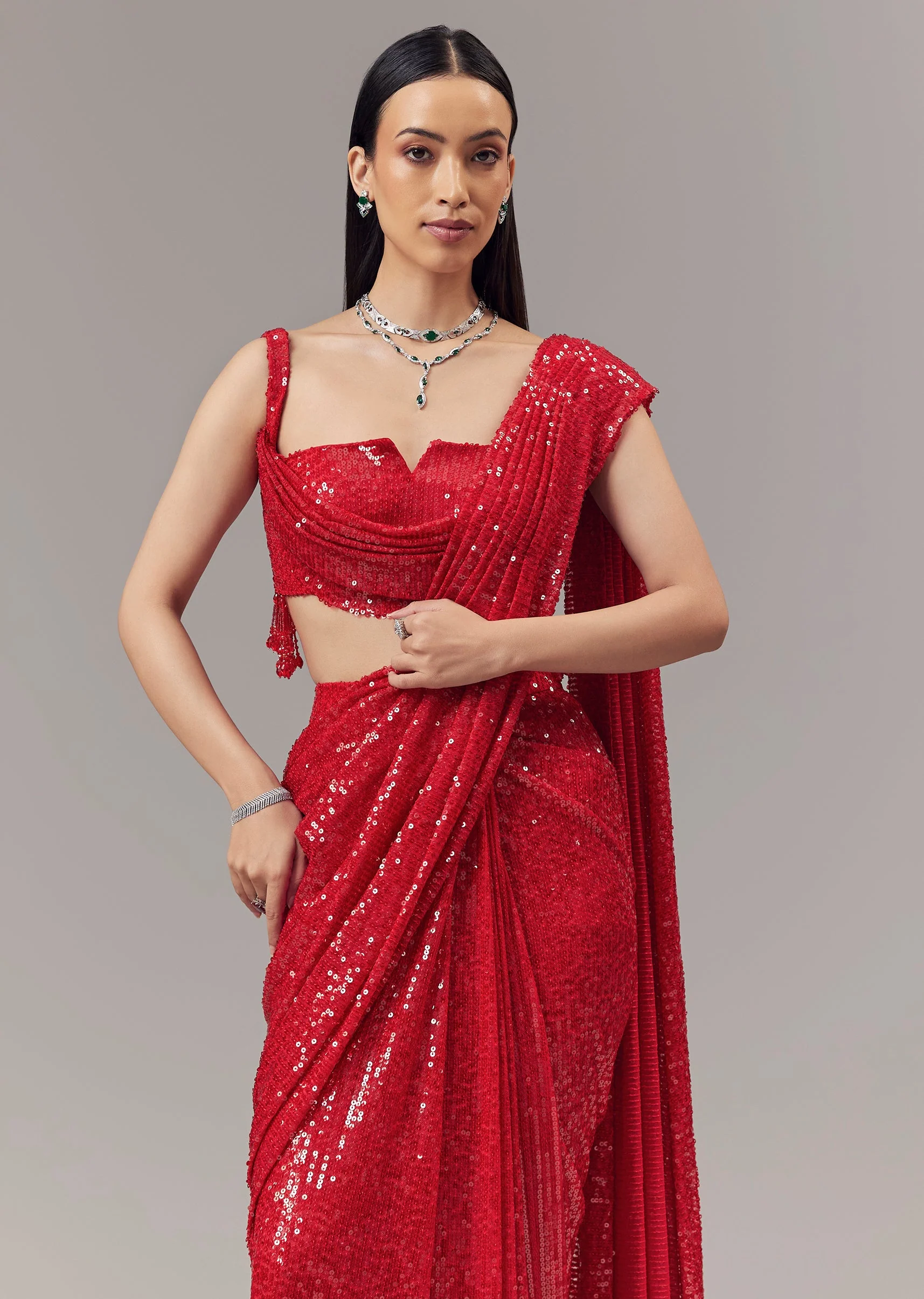 Red Ready Pleated Indo Western Shimmer Saree With Cowl Neckline Blouse