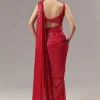 Red Ready Pleated Indo Western Shimmer Saree With Cowl Neckline Blouse