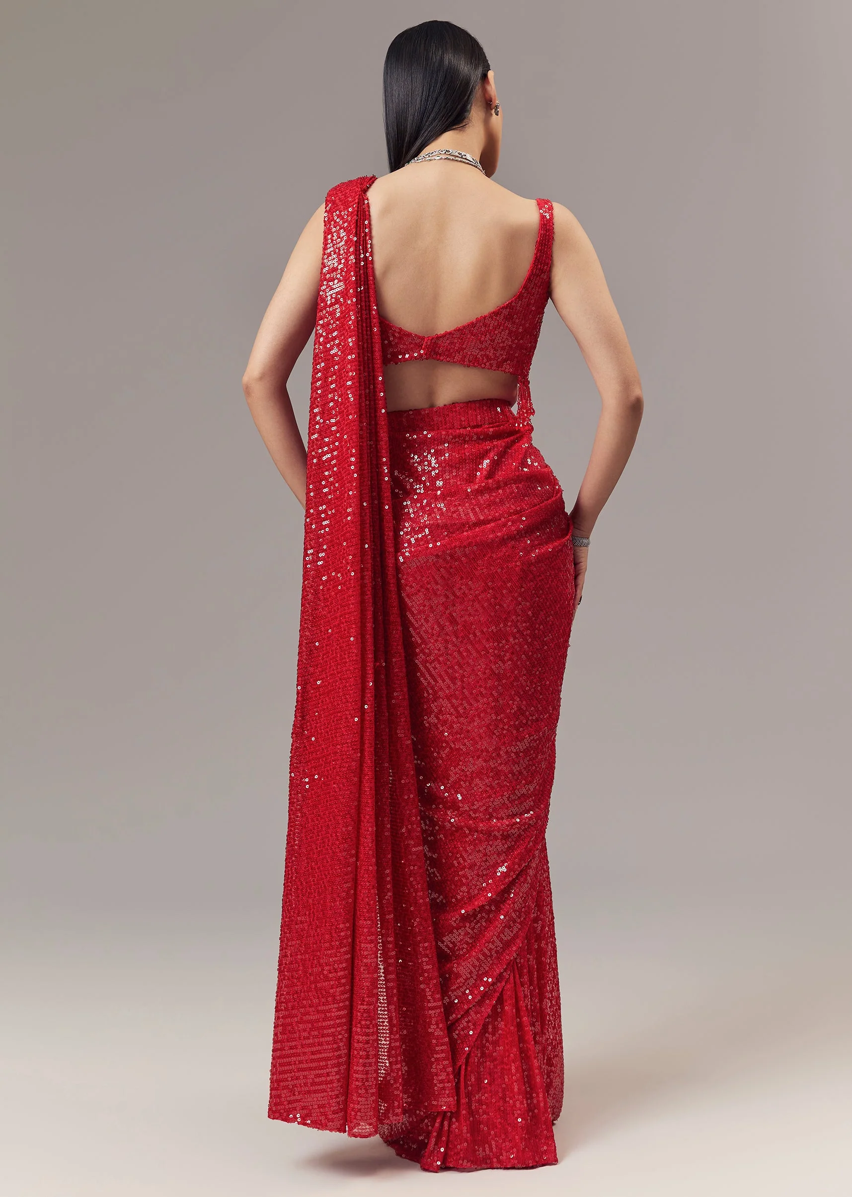 Red Ready Pleated Indo Western Shimmer Saree With Cowl Neckline Blouse