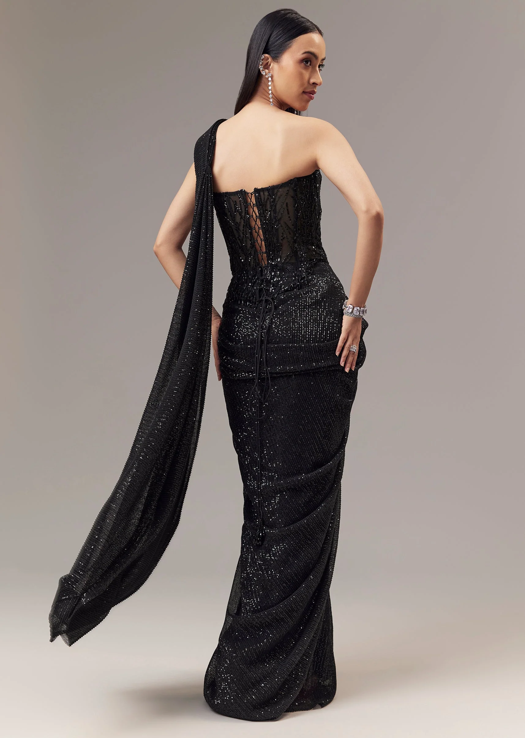 Black Ready Pleated Indo Western Shimmer Saree With Sequin Corset Blouse