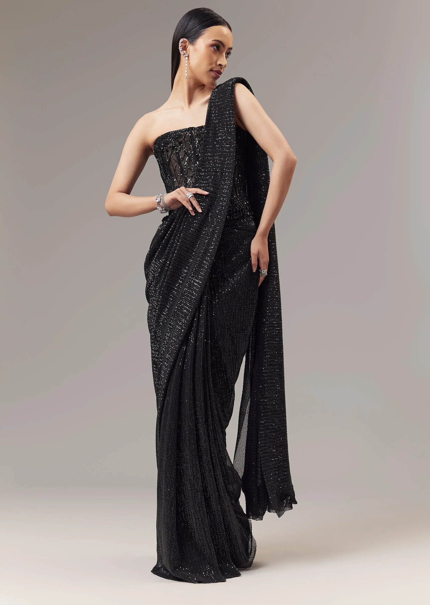 Black Ready Pleated Indo Western Shimmer Saree With Sequin Corset Blouse