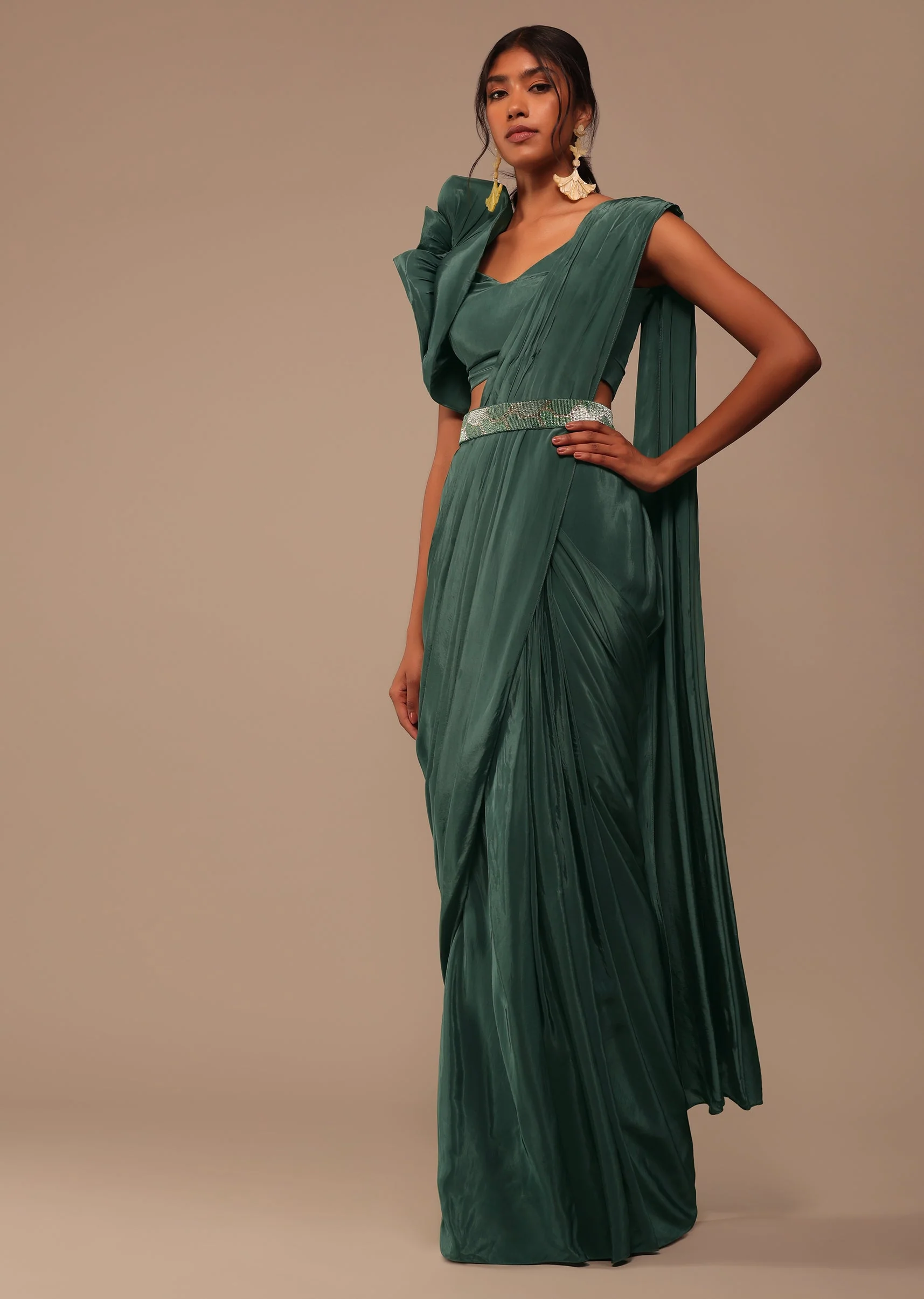 3464-jade-green-saree-with-fancy-one-side-flowered-shape-sleeve-and-belt-1.webp Jade Green Saree With Fancy One Side Flowered Shape Sleeve And Belt