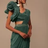 Jade Green Saree With Fancy One Side Flowered Shape Sleeve And Belt