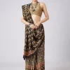 Black Block Printed Motif Saree with Unstitched Blouse