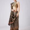 Black Block Printed Motif Saree with Unstitched Blouse