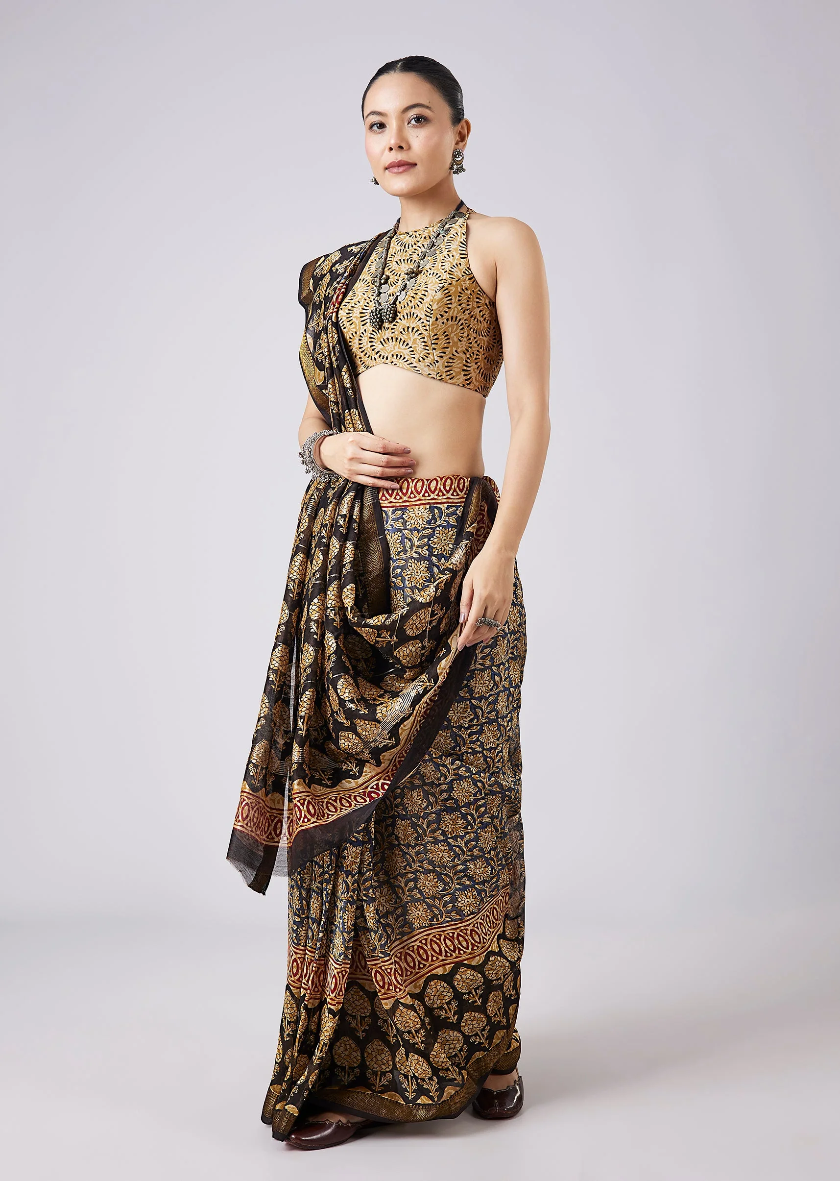 Black Block Printed Motif Saree with Unstitched Blouse