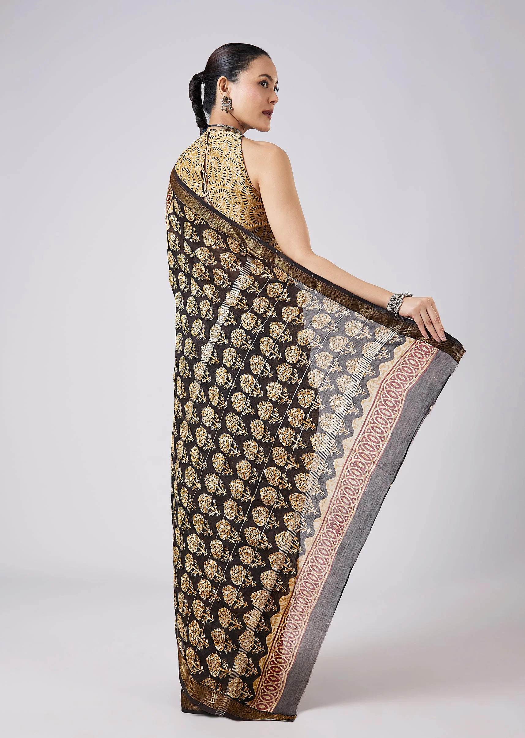 Black Block Printed Motif Saree with Unstitched Blouse