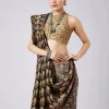 Black Block Printed Motif Saree with Unstitched Blouse