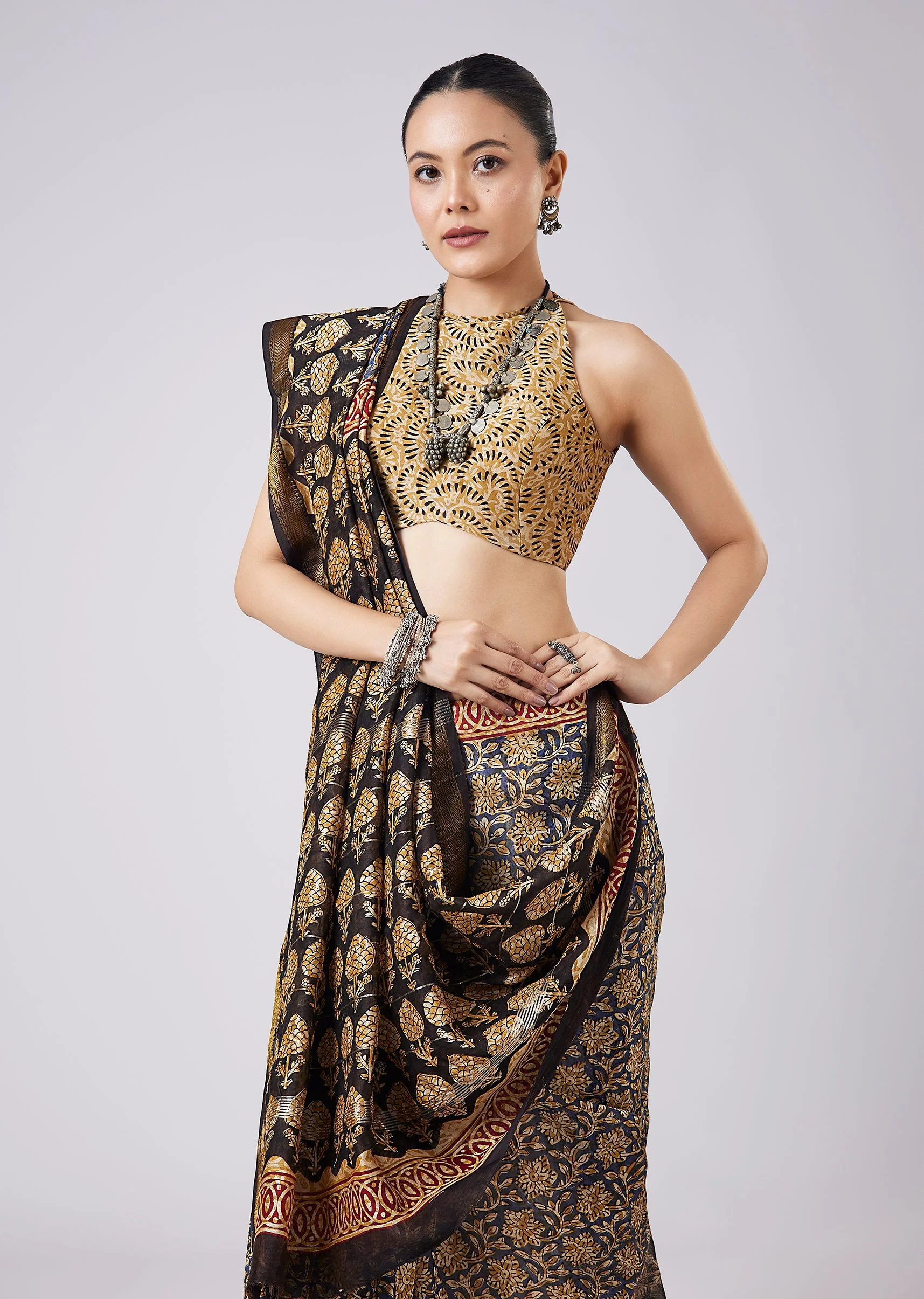 Black Block Printed Motif Saree with Unstitched Blouse