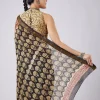 Black Block Printed Motif Saree with Unstitched Blouse