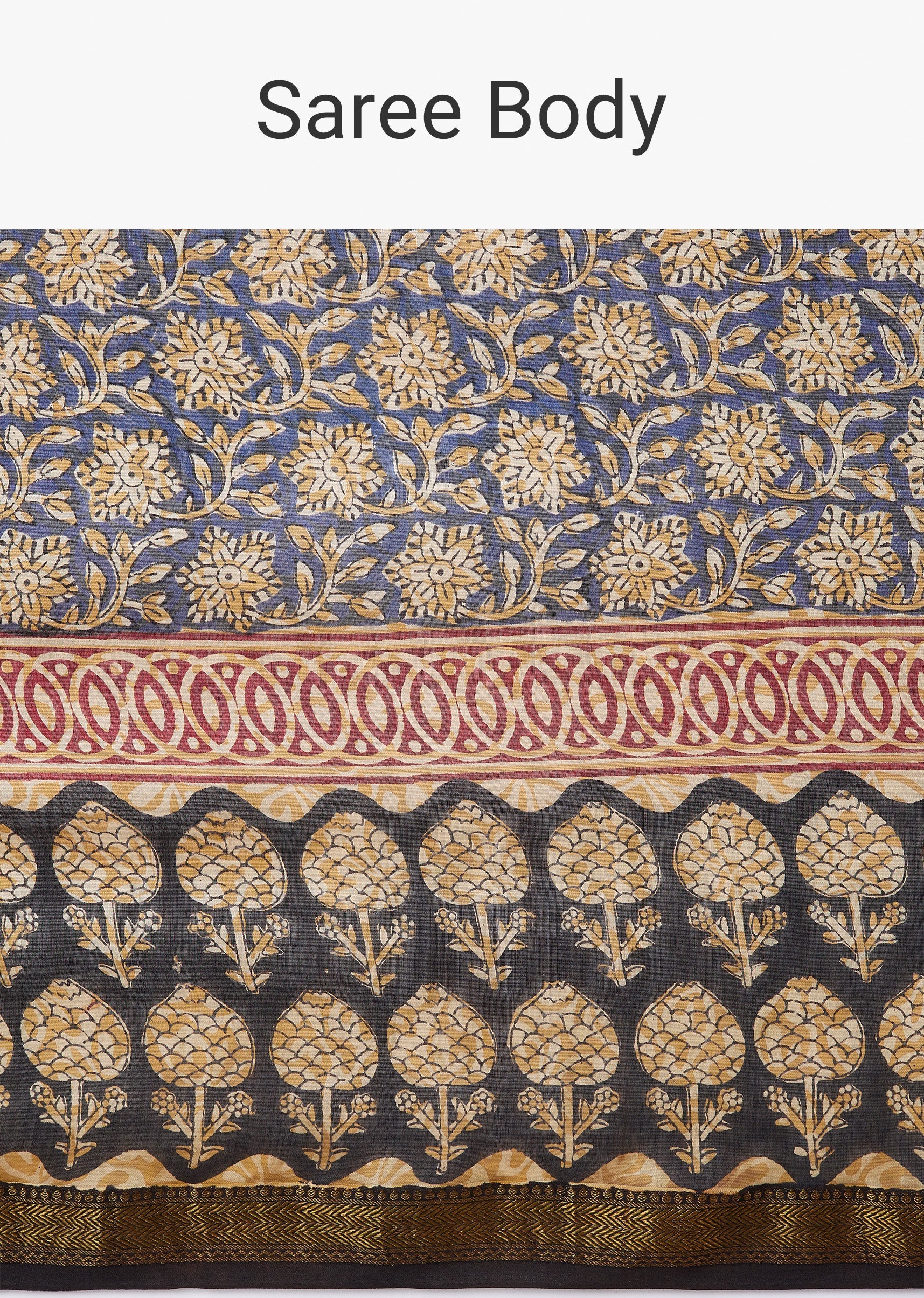 Black Block Printed Motif Saree with Unstitched Blouse