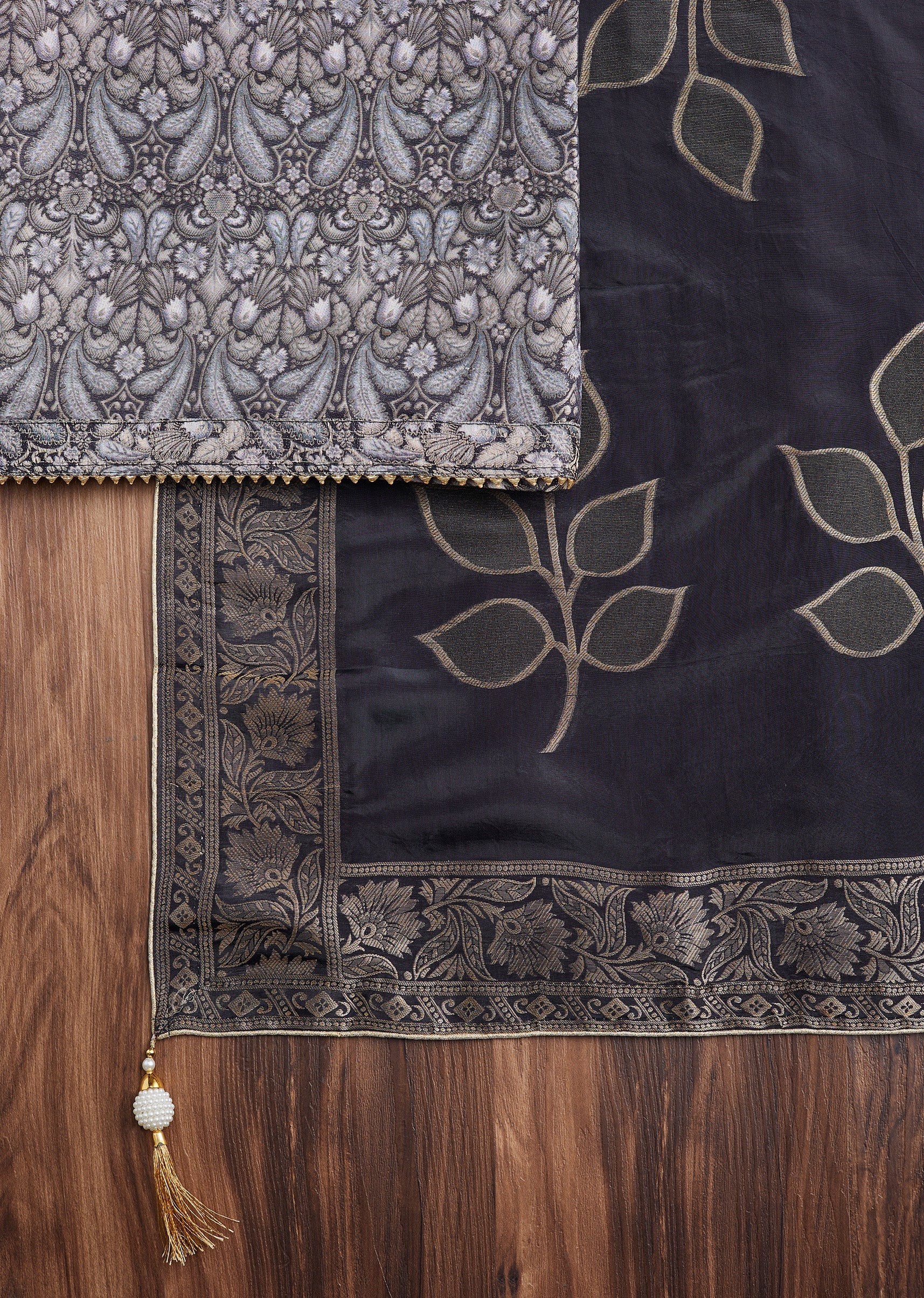 Black Brocade Banarasi Embroidered Silk Unstitched Suit