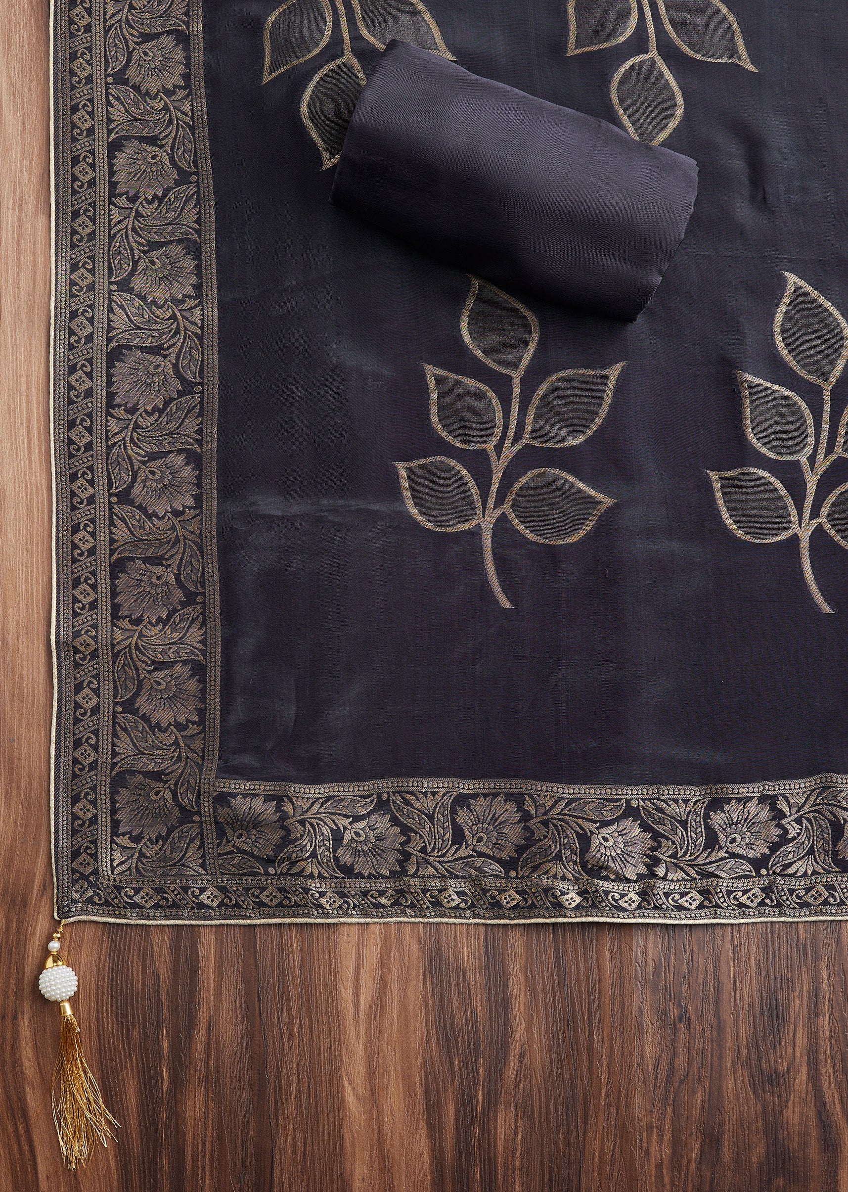 Black Brocade Banarasi Embroidered Silk Unstitched Suit